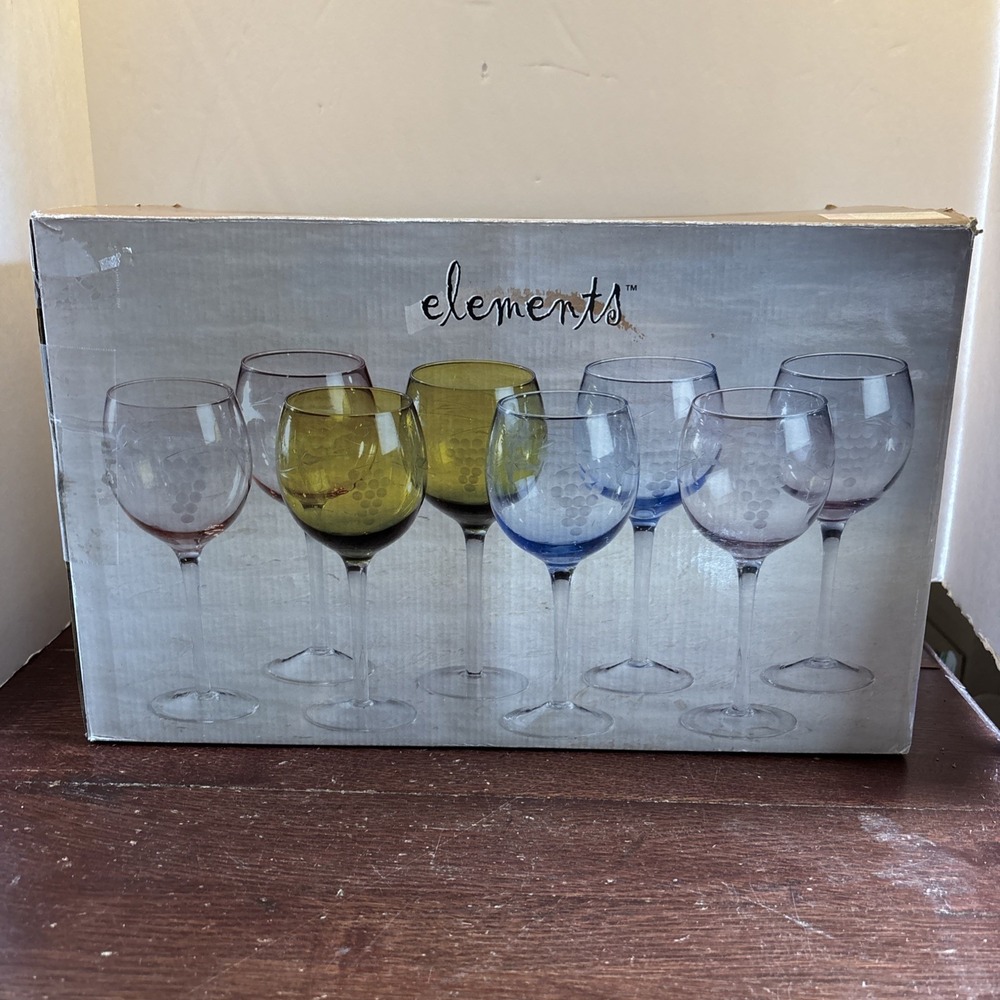 ELEMENTS ETCHED GRAPES 8-16 OZ WATER GOBLETS 2 Each: Rose, Sage, Blue And Purple